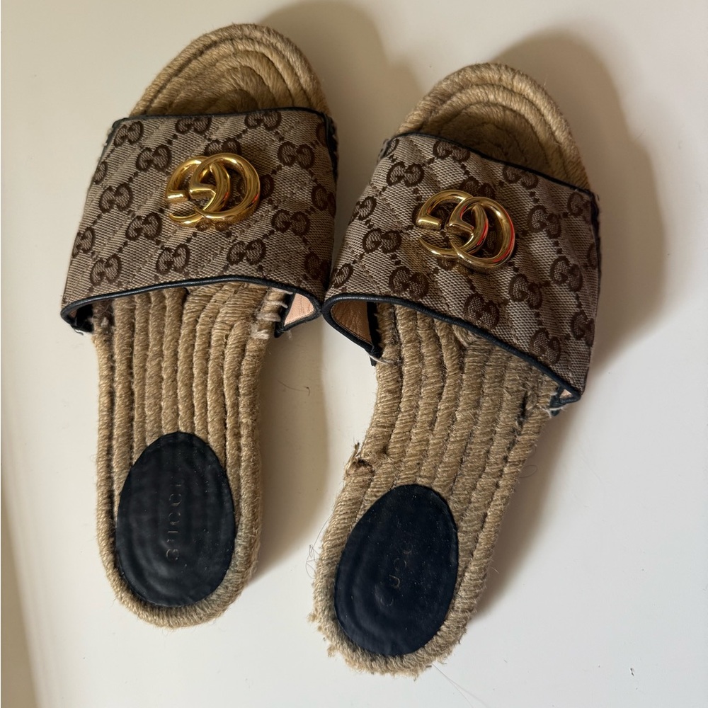Gucci Brown Espadrille Slides with GG Monogram